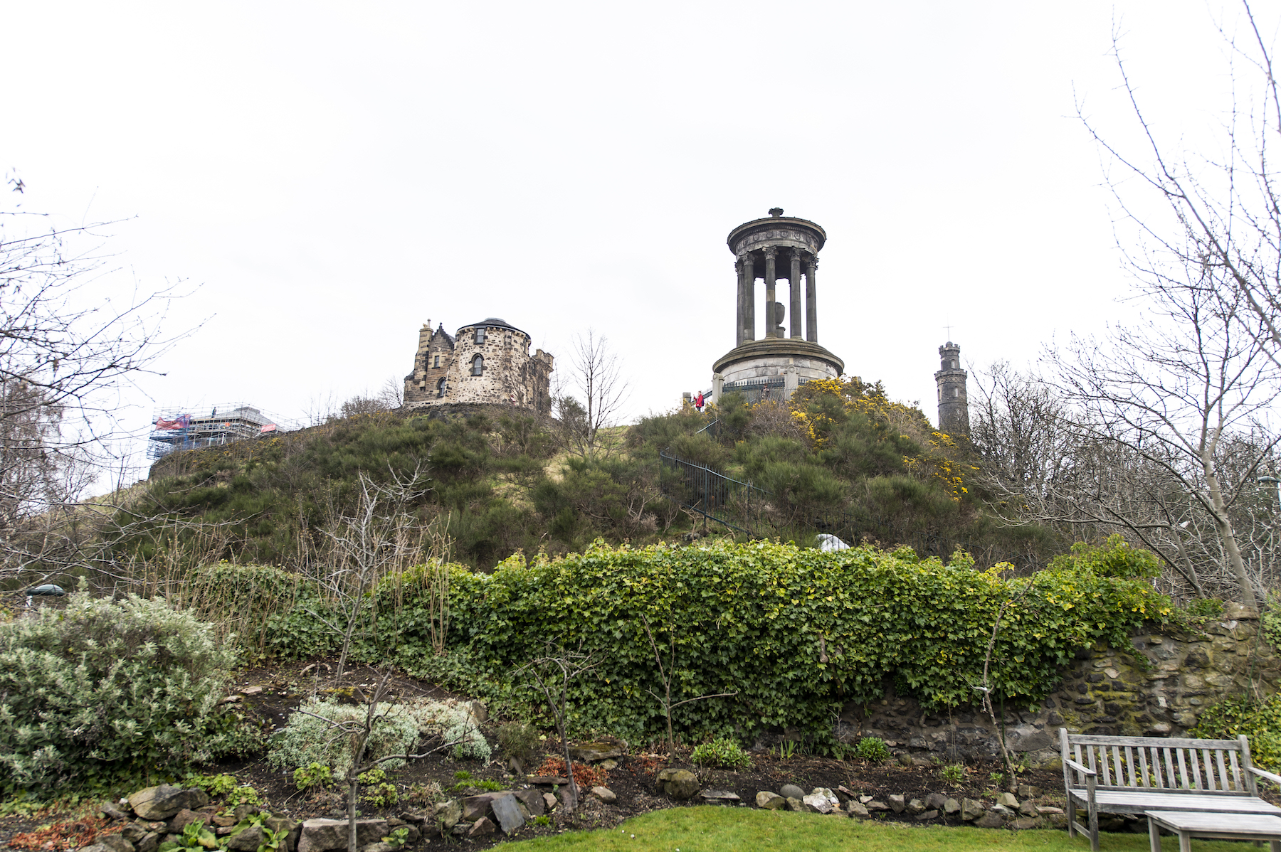 Calton Hill seen from the garden of Rock House, with the Dugald Stewart Monument and Nelson Monument above