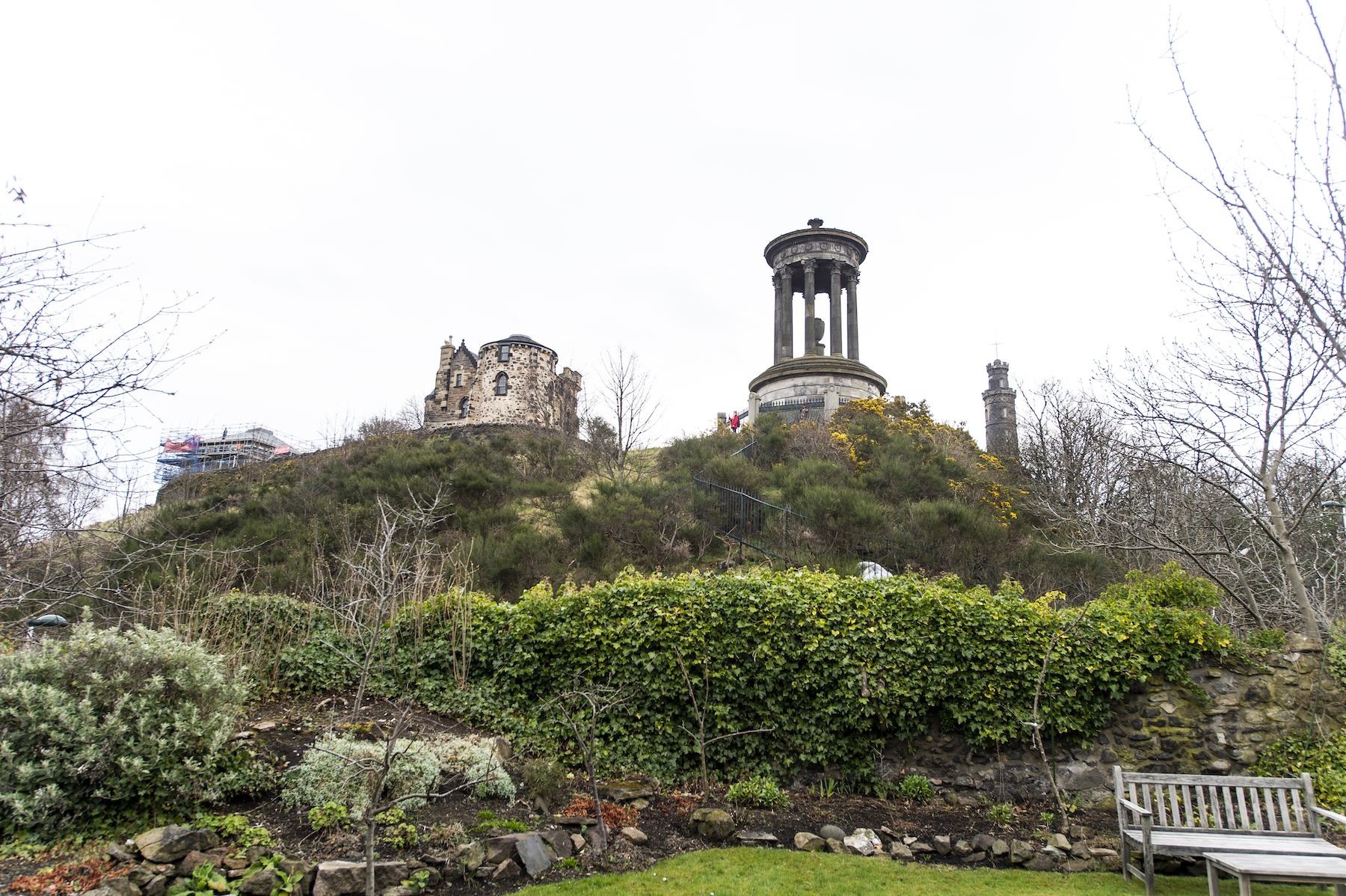 Calton Hill seen from the garden of Rock House, with the Dugald Stewart Monument and Nelson Monument above