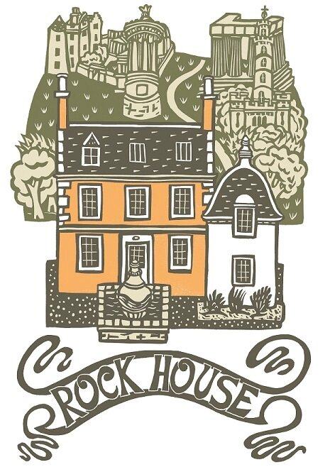Illustration of Rock House on Calton Hill, Edinburgh, with Edinburgh Castle and the Calton Hill monuments behind it